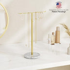 Gold Necklace Holder Jewelry Organizer Stand – Adjustable Height T‑Bar Jewelry Display with White Marble Base, Necklace & Bracelet Holder, Countertop Jewelry Stand - color: Gold & White