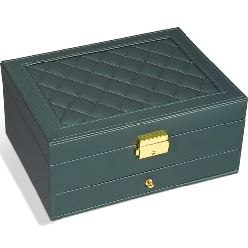 GUOER Jewelry Box for Women Girl Wife - Large PU Leather Jewelry Organizer Storage Case with Two Layers Display for Earrings Bracelets Rings Watches (Hunter Green) - color: Hunter Green
