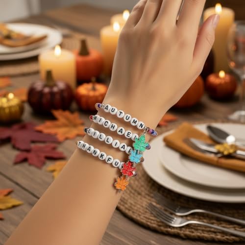 Thanksgiving Stackable Bracelet for Women Set Colorful Beads Rubber Ring Elastic Layering Letter Disc Maple Leaf Pendant Clay Stretch Fall Bracelets Fall Costume Bracelet Jewelry for Women - style: Style3