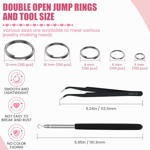 500 Pcs Double Open Jump Rings Kit, Zinc Alloy Mini Round Split Craft Jump Keychains Key Ring with Double Loops Connectors for Jewelry Making, Bracelets, Necklace, DIY (5, 6, 8, 10, 12mm) - color: Gunmetal Black