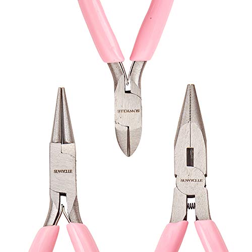SUNNYCLUE 3pcs Jewelry Pliers Tool Set Professional Precision Tools for DIY Jewelry Making - Side Cutting Long Chain Nose Round Nose Pliers, Pink