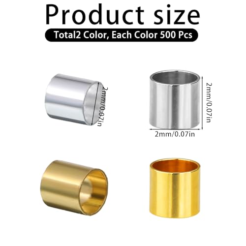1000 Pcs Crimp Tube Beads for Jewelry Making, 2x2 mm Gold and Silver Round Crimp Beads, Plated Brass Tube Bead, Crimping Bead, Column Stoppers to Secure The Ends of Jewelry Strings, DIY Bracelet