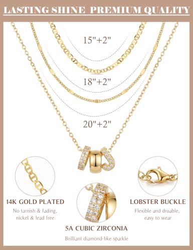 Layered Gold Necklaces for Women, 14K Gold Plated Dainty Cubic Zirconia Rondelle Initial Pendant Necklace, Chunky Stackable Mariner Chain Choker, Trendy Personalized Name Jewelry Gifts for Women - style: Letter J