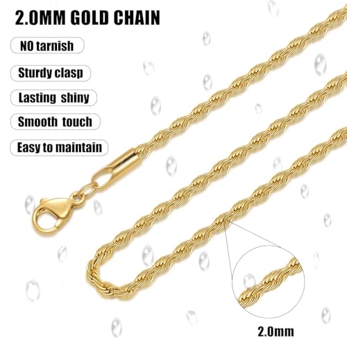 Fiusem 18K Gold Plated Rope Chain for Men, 18K Gold Plated/Black Chain Necklace, Stainless Steel Necklace for Men and Women, Jewelry Gifts - size: 16 Inches, style: Gold 2mm