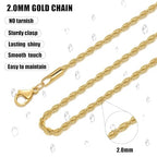 Fiusem 18K Gold Plated Rope Chain for Men, 18K Gold Plated/Black Chain Necklace, Stainless Steel Necklace for Men and Women, Jewelry Gifts - size: 16 Inches, style: Gold 2mm