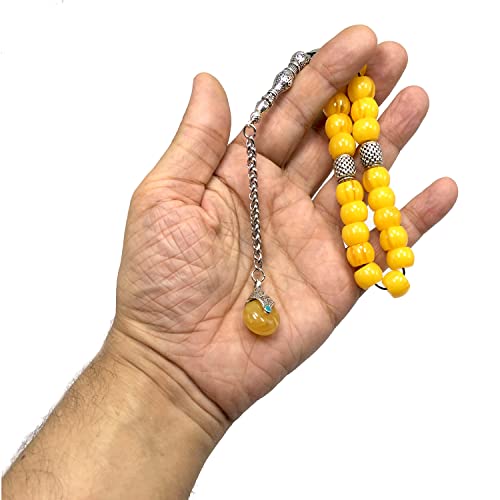 Simple Designed Natural Stone Worry Beads - Prayer Beads Tesbih-Tasbih-Tasbeeh-Misbaha-Subha-Sebha-Sibha-Rosary (Yellow Resin Drum -13X9 mm- 19 Big Beads) - color: Yellow Resin Drum -13X9 mm- 19 Big Beads
