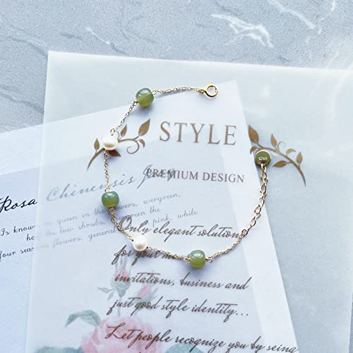 Natural Hetian Jade & Pearls Beaded Necklace Bracelet Jewelry for Women, Lucky Green Jade White Pearl Charm Adjustable Chain Jewelry Gift for Mom Lover her - color: Bracelets
