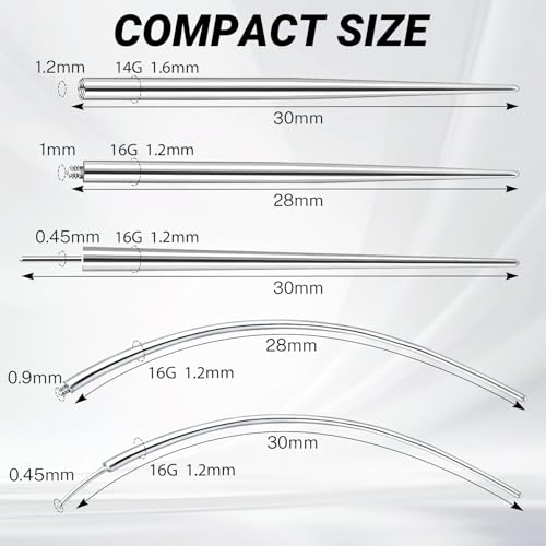 Piercing Taper Insertion Tool for Changing Jewelry – 16G Stainless Steel Piercing Ball Grabber Tool Sets with Curved Threader Tools & Threadless Insertion Pin for Ear Nose Lip Body - color: 16G(1.2mm)
