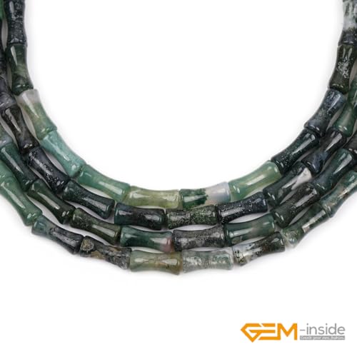 GEM-Inside 30Pcs 5x12mm Natural Green Moss Agate Stone Semi Gemstone Plant Bamboo Knot Bone Beads for Jewelry Making Power Energy Chakra Stone Beads - color: Green Moss Agate