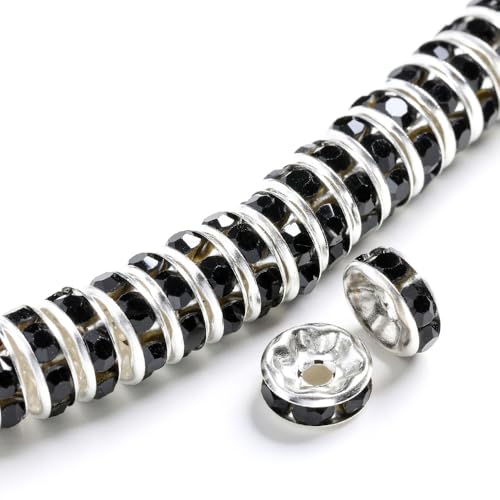 200PCS Rondelle Spacer Beads 6mm Silver Plated Czech Black Crystal Rhinestone for Jewelry Making - color: 200Pcs Silver Plated/Black, size: 6mm