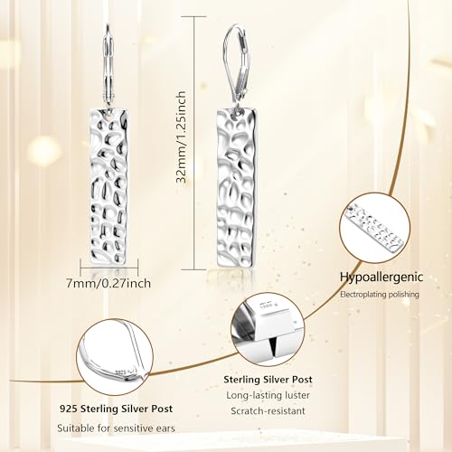 ALEXCRAFT 925 Sterling Silver Dangle Earrings for Women, 14K Gold Plated French Leverback Earrings, Hypoallergenic Lightweight Statement Hammer Square Bar Long Drop Earing for Women Trendy Jewelry - color: SilverC