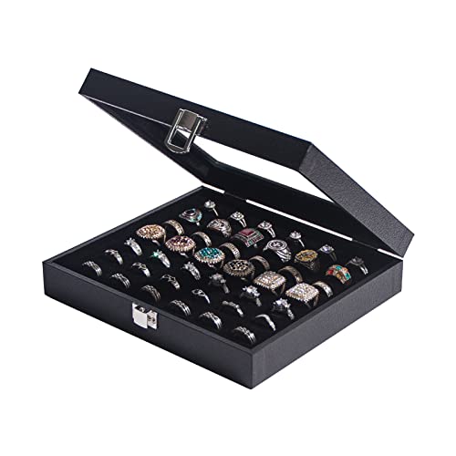 Pangkeep Ring Organizer Display Case,Black Jewelry Storage Tray Boxes for Multiple Rings,Glass Lid,Stackable. (42 Slots)
