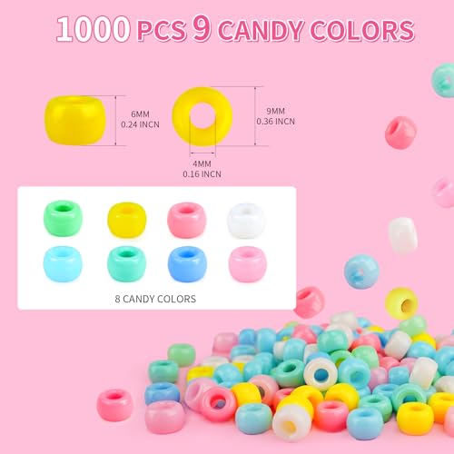 Pastel Pony Beads 1000+pcs Acrylic Kandi Beads Refill Plastic Pony Bead for DIY Crafts Braids Bracelets Mixed Macaron Color - color: Pastel Macaron