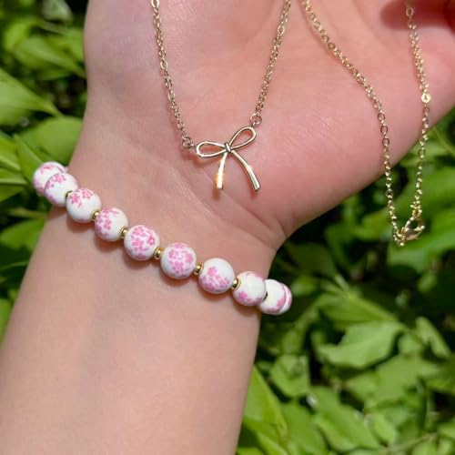 Bow Bracelet Necklace Set 14K Gold Beaded Bracelet Dainty Bow Pendant Choker Jewelry Gift Set - color: Pink