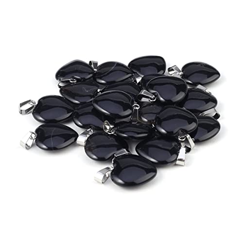 LE SKY 20 Pcs natural stone pendants heart shape healing stone charms for jewelry making - color: black agate