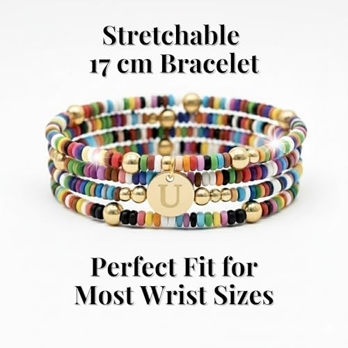 Set of 4 Colorful Bead Initial Bracelets, Personalized Stackable Jewelry, Adjustable Stretchy Charm Bracelets for Women, Beaded Bracelet Set, Trendy Custom Jewelry Gift - style: Colorful Bead - U