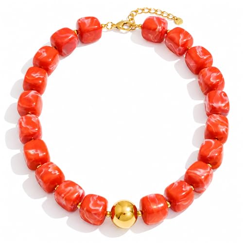Mchic Colorful Beaded Choker Necklace for Women: Boho Large Square Acrylic Beaded Necklace Stainless Steel Adjustable Surfer Beach Strand Necklaces Summer Handmade Jewelry Gift for Women - color: Orange