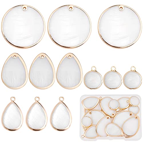 SUNNYCLUE 1 Box 16Pcs 4 Style Natural Shell Charms Freshwater Shell Teardrop Coin Shape Beads Flat Round Golden Brass Pendants for Jewelry Making Charm Earring Necklace Accessories Craft DIY Supplies - color: 1 Box 16pcs Flat Round Shell Charms