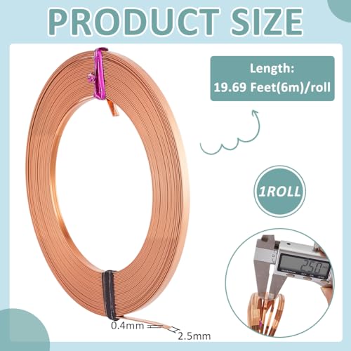 BENECREAT 19.7FT 26 Gauge Flat Pure Copper Wire, 2.5mm Wide Flat Bezel Wire Tarnish Resistant Jewelry Wire for DIY Jewelry Craft Making - size: 2.5mm