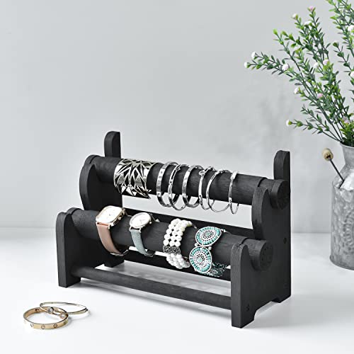 Ikee Design Wooden 2-Tier Bar Bracelet Bangle Jewelry Holder Stand Display Organizer, Wood Bracelet Bangle Holder, 11.75 W x 5.38 D x 8 H in,Black Color - color: Black
