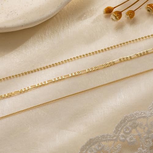 Tewiky Layered Necklaces for Women Non Tarnish- Chunky 14k Gold Plated Herringbone/Snake/Rope/Box/Cuban Link Chain for Women Waterproof Layering Stack Choker Necklace Trendy Dainty Tarnish Free Jewelry Set - color: 3 Bead/cuban/figaro-Gold