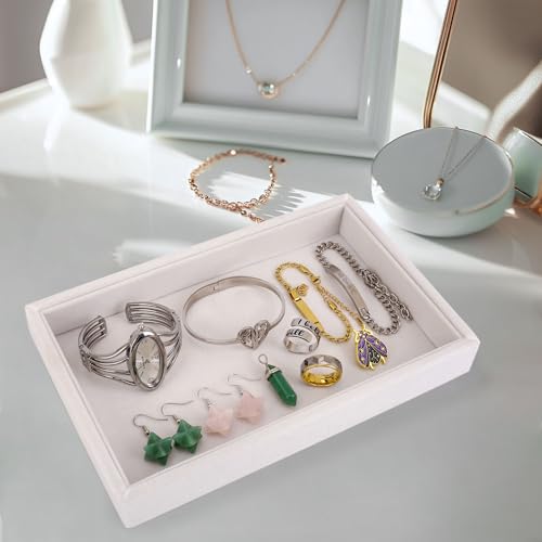 2 Pcs 9" x 5.7" Velvet Jewelry Tray Jewelry Display Tray, Stackable Empty Plate Trays for Earrings Necklaces Bracelet Rings Display Showcase - Beige - color: Beige, size: Flat Tray 9"x5.7"