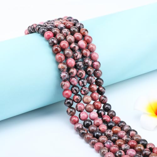 Natural Stone Beads Round Genuine Real Stone Beading Strand Loose Gemstones DIY Smooth Bead for Bracelet Necklace Earrings Jewelry Making (Pink Black Rhodonite, 8mm 45 Pieces) - color: Pink Black Rhodonite, size: 8mm 45pcs