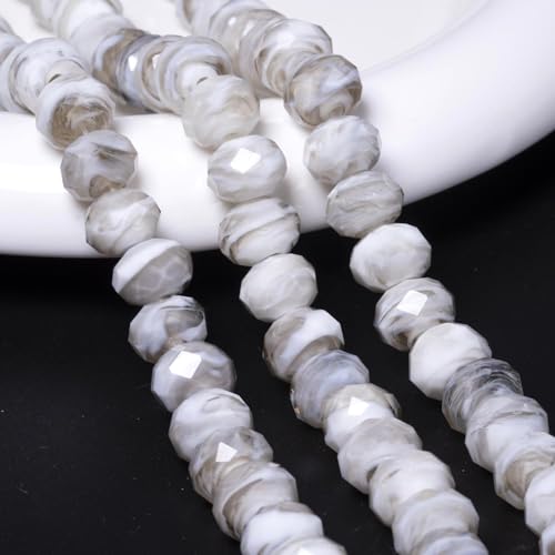 7.5×10mm 50pcs Gray White Faceted Lampwork Glass Beads for Jewelry Making, Flat Round Handmade Murano Beads for Bracelets, Crafts, Friendship Bracelet Kit, Rosary Making - color: Gray White