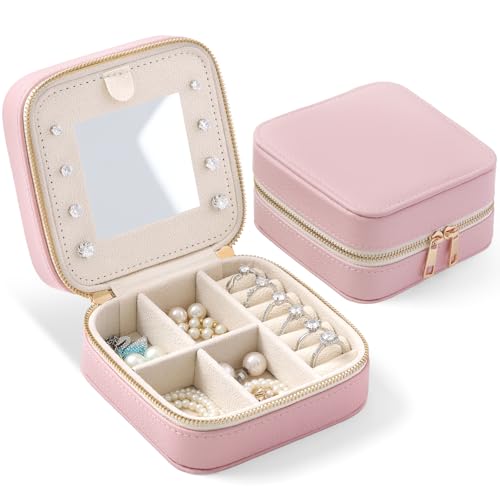 Genuine Leather Travel Jewelry Organizer Case with Mirror for Women, Small Mini Portable Jewelry Box for Ring Earrings Necklace Bracelet Luxury Gift for Women（Pink） - color: Lychee Grain Leather Pink