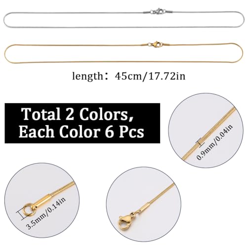 SUNNYCLUE 12 Pack 18 Inch/ 0.45m 1mm Stainless Steel Snake Chain Bulk Silver Gold Snake Chains Necklace Metal Lobster Claw Clasps Cable Chains Necklaces for Jewelry Making Supplies Women Adult DIY - color: Golden,Silver