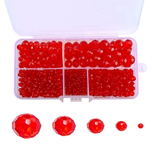 1000pcs Red Glass Beads for Jewelry Making, 2/4/6/8/10mm Assorted Crystal Beads Faceted Briolette Crystal Glass Beads for DIY Craft, Rondelle Spacer Beads for Bracelets Necklaces - color: Red