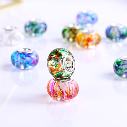 100 Pieces 14mm European Large Hole Spacer Beads Mix Color with Silver Brass Cores Assortments Charm Lampwork Beads Supplies for Necklace Bracelets Jewelry Making (Transparent Spray) - color: Transparent spray