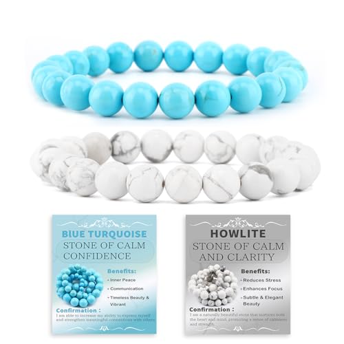 NCB 2.3-Piece 4mm Natural Crystal Gemstone Stretch Bracelets – Handmade Reiki Energy Healing Jewelry for Meditation,Yoga, Unisex - color: 2PCS ( Blue Turquoise+Howlite ), size: 8mm
