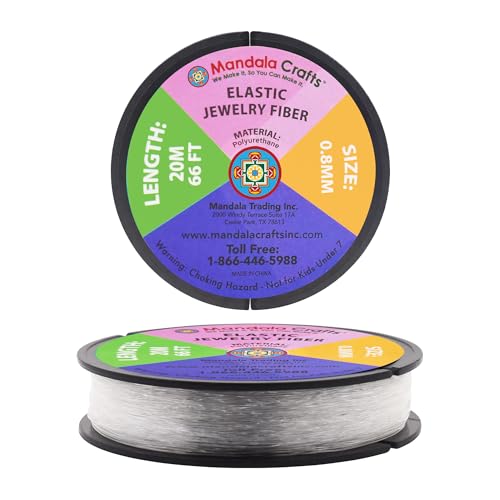 Mandala Crafts Very Strong 0.8mm Elastic String for Jewelry Making - 66 FT Heavy Duty Round Stretchy Clear String Jewelry Fiber Elastic Cord Spool for Decorative Threading Applications - size: 0.8mm 20M 66 Feet