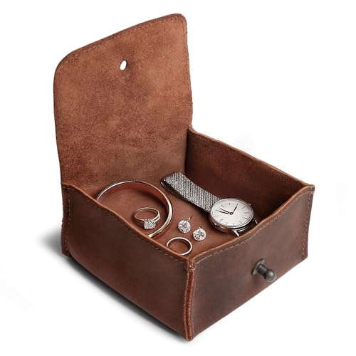 Hide & Drink, Jewelry Pouch, Mini Travel Size Box, Rings & Precious Articles Storage Organizer, Groom & Bridesmaid Wedding Gifts, Full Grain Leather, Handmade, Bourbon Brown - color: Bourbon Brown