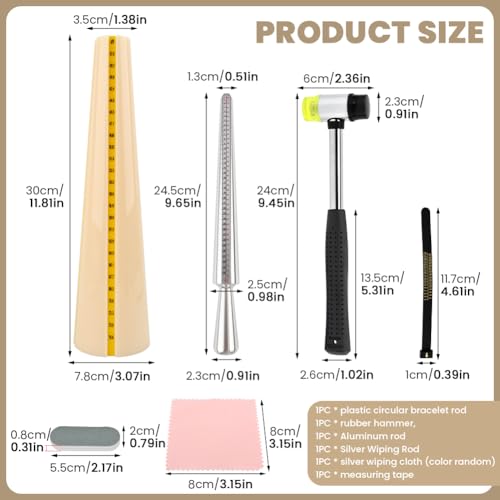 Bracelet Mandrel Sizer Set - Iron Hammer + Stainless Steel Graduated Round Mandrel, Ideal for Bracelet/Jewelry Making (DIY & Jewelry Makers)