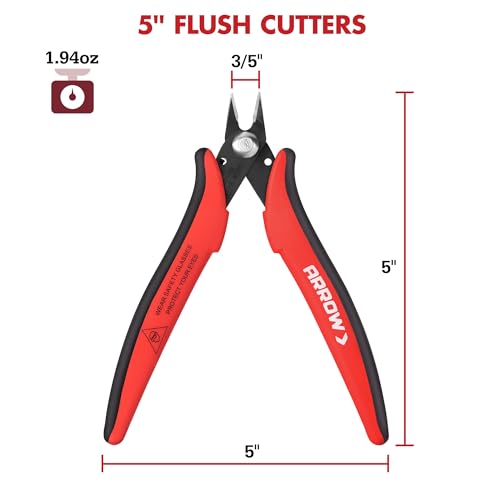 ARROW Micro Wire Cutters, 5" Precision Flush Cutters with Streamlined Handle and Ultra-Sharp Cutting Edge, Side & Diagonal Flush Cut Pliers for Electronics, Jewelry, Crafts, Zip Ties and Soft Wires