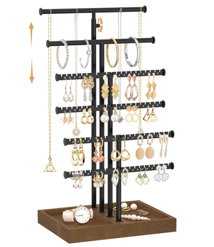 MODOWEY Necklace Holder Organizer Earring Display Stand with Wooden Tray, Metal Adjustable Bracelet Tree Rack for Women Vendor Selling, 6 Tier Tall T Bar Large Storage Tower for Find Jewelry In Second - color: Brown