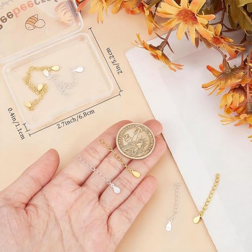 Beebeecraft 1 Box 10Pcs Tail Extender Chain Real 18K Gold Plated Sterling Silver Jewelry Chain Extender Curb Links Necklace Bracelet Extension with Teardrop Tabs S925 Stamp Charm for Jewelry Making - color: Gold, Silver