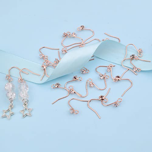 30 Pieces Diamonds Fish Earring Hooks Brass French Rhinestone Ear Wire with Open Loop Hole for DIY Dangle Earrings Jewelry Making, Rose Golden - color: Rose Gold