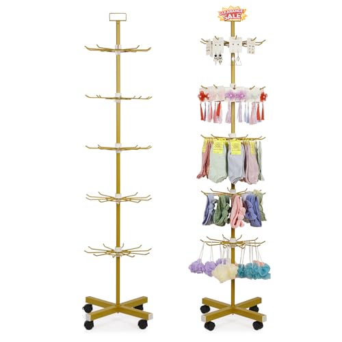 Retail Display Stand 5 Tier Metal Spinning Display Rack with Wheels Keychain Jewelry Stocking Hat Display Stand with Hooks for Malls, Showroom, Retail Store (Gold) - color: Gold