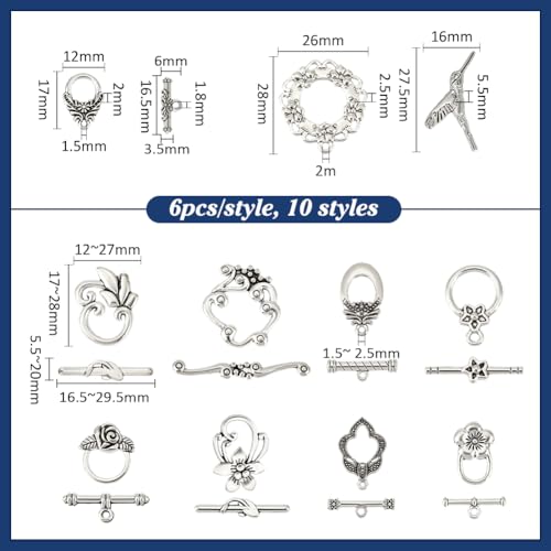 PH PandaHall 60 Sets Flower Toggle Clasps 10 Styles T-bar Closure Clasps Toggle Jewelry Clasp Flower Leaf Bird Metal Bar and Ring Clasp Connectors for Necklace Bracelet Jewelry Making, Antique Silver