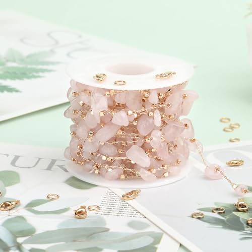 KYUNHOO 5 Meters Brass Jewelry Making Chains Light Pink Natural Gemstone Supplies Gold Plated Chain Bulk for DIY Jewelry Findings - color: Natural Stone-Light Pink