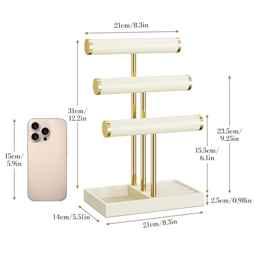 bussdis 3 Tier Bracelet Holder Display - Beige Leather Bracelet Holder, Detachable T Bar Jewelry Holder Organizer for Bracelet, Necklace, Earrings, Rings, Watches, Bangle - color: Beige