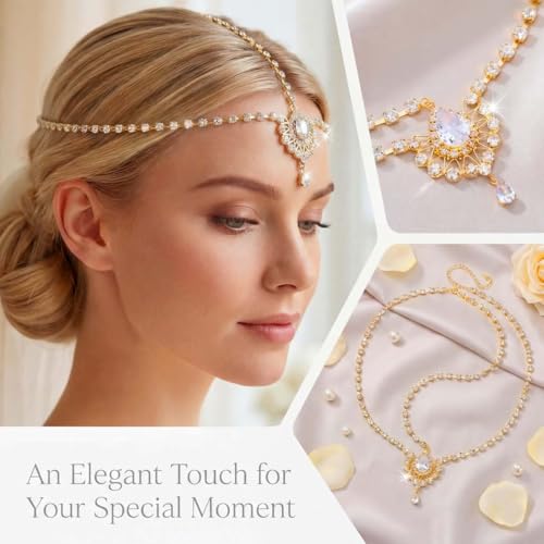 Brishow Crystal Head Chain Jewelry Gold Rhinestone Hair Chain Boho Bridal Headpiece for Women - color: Gold