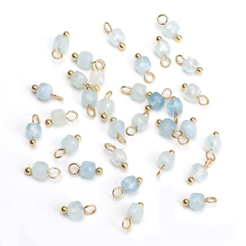 Beadia Natural Faceted Cube Stone Charms 4mm 30pcs with Untarnish Metal Accessories Loose Square Beads for DIY Jewelry Making - color: Aquamarine