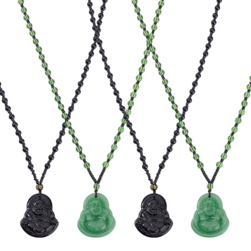 4Pcs 4 Styles Buddha Guanyin Pendant Necklaces Embossed Pendant Handmade Lampwork Glass Beaded Rope Chain Multicolor Lucky Amulet Charms Jewelry Gift for Men Women - color: Mixed 2 Color