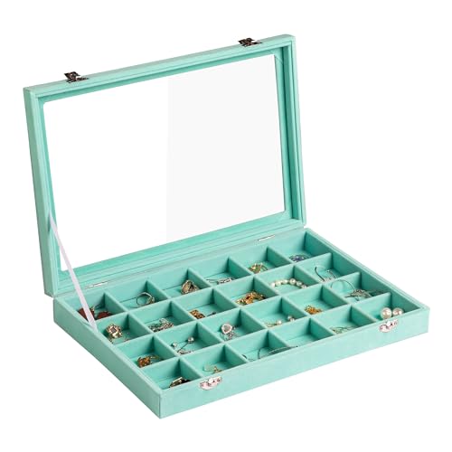 Frebeauty Jewelry Organizer Tray with Clear Lid 24 Grid Velvet Drawer Insert Jewelry Storage box with Transparent Glass lid Jewelry Display Case with Lock Gifts for Girls Women (Turquoise, 24 Grid) - color: Turquoise, size: 24 Slots
