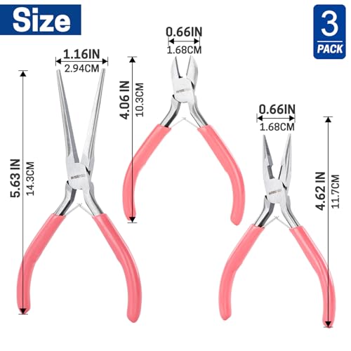 3 PCS Mini Pliers Set, Pink Jewelry Plier Kit with Needle Nose, Diagonal & Long Nose, Pink Tool Set for Women Jewelry Making, Repair and Crafts - size: 3 Pcs