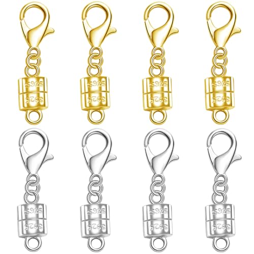 925 Silver Magnetic Necklace Clasp with Lobster Clasp,Magnetic Necklace Clasps and Closures for Bracelet Necklace Extender (4golden+4silvery) - color: 4golden+4silvery